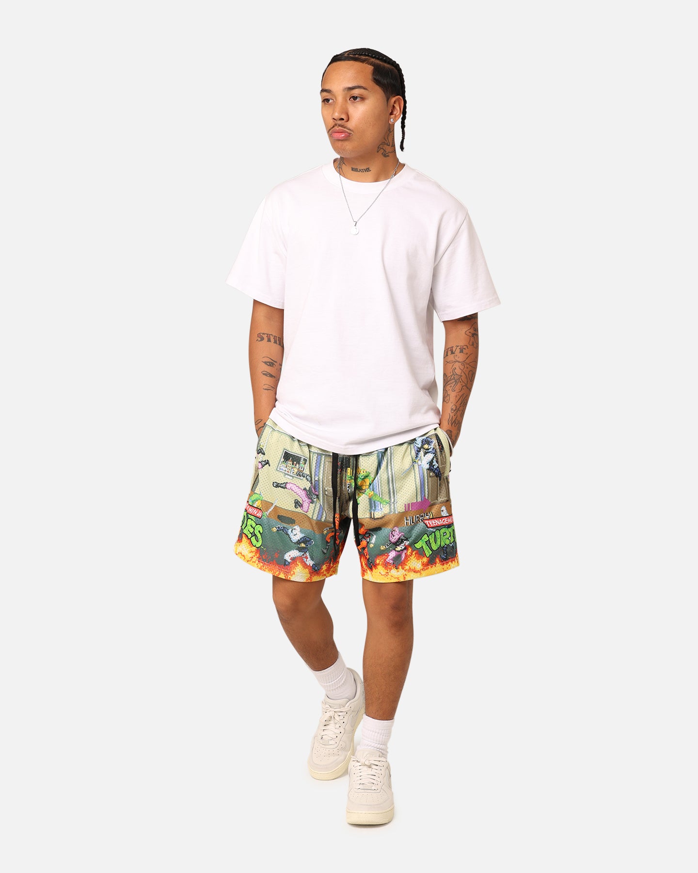 American Thrift X Teenage Mutant Ninja Turtles Arcade Retro Mesh Shorts - Tan/Multi Color - Casual Summer Wear for Men & Women - Perfect for Gaming, Cosplay, and Street Fashion