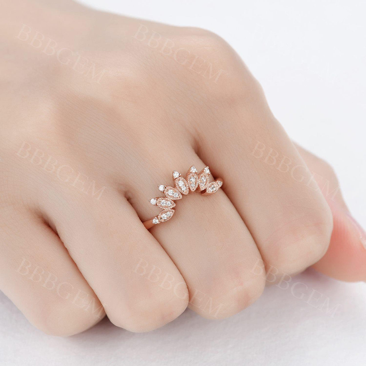 Vintage Curved Moissanite Wedding Band - Solid 14K Rose Gold Marquise Cut Engagement Ring for Women | Perfect for Bridal Jewelry, Anniversary Gifts & Special Occasions