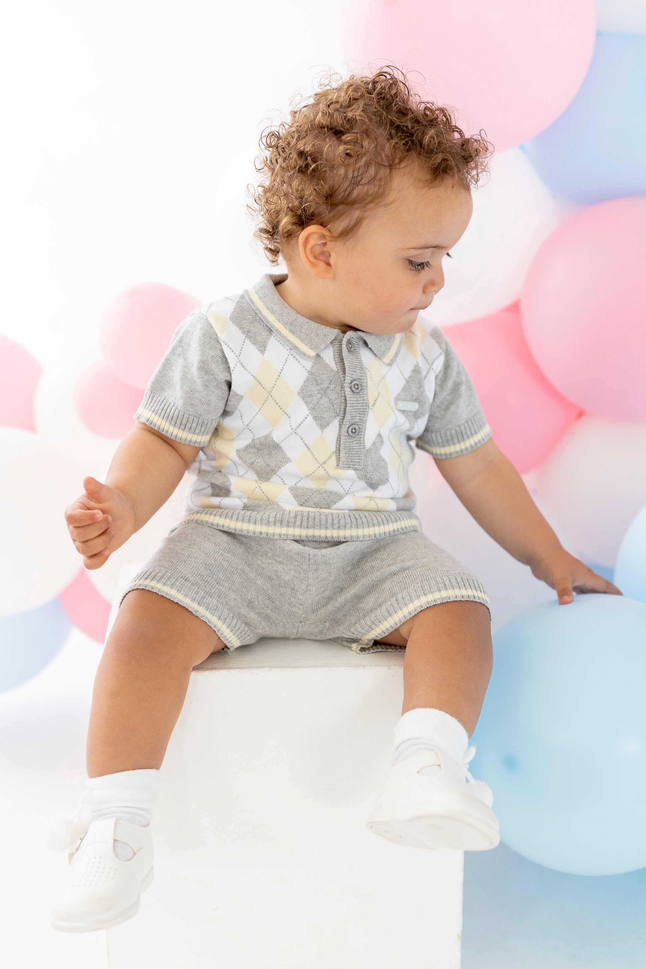 Charlie Grey & Lemon Argyle Knit Polo Shirt & Shorts Set | Men's Casual Summer Outfit | Perfect for Golf, Picnics & Outdoor Activities