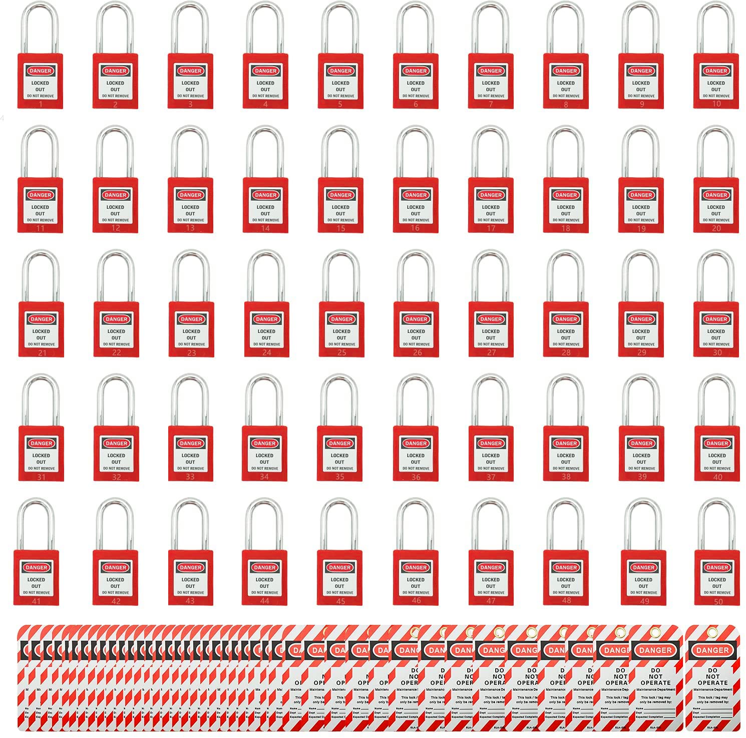 SAFBY 50 Keyed Different Lockout Tagout Locks with 50 LOTO Tags - Safety Padlocks for Industrial Equipment, Electrical Panels & Machinery Maintenance | OSHA Compliant Workplace Safety Devices