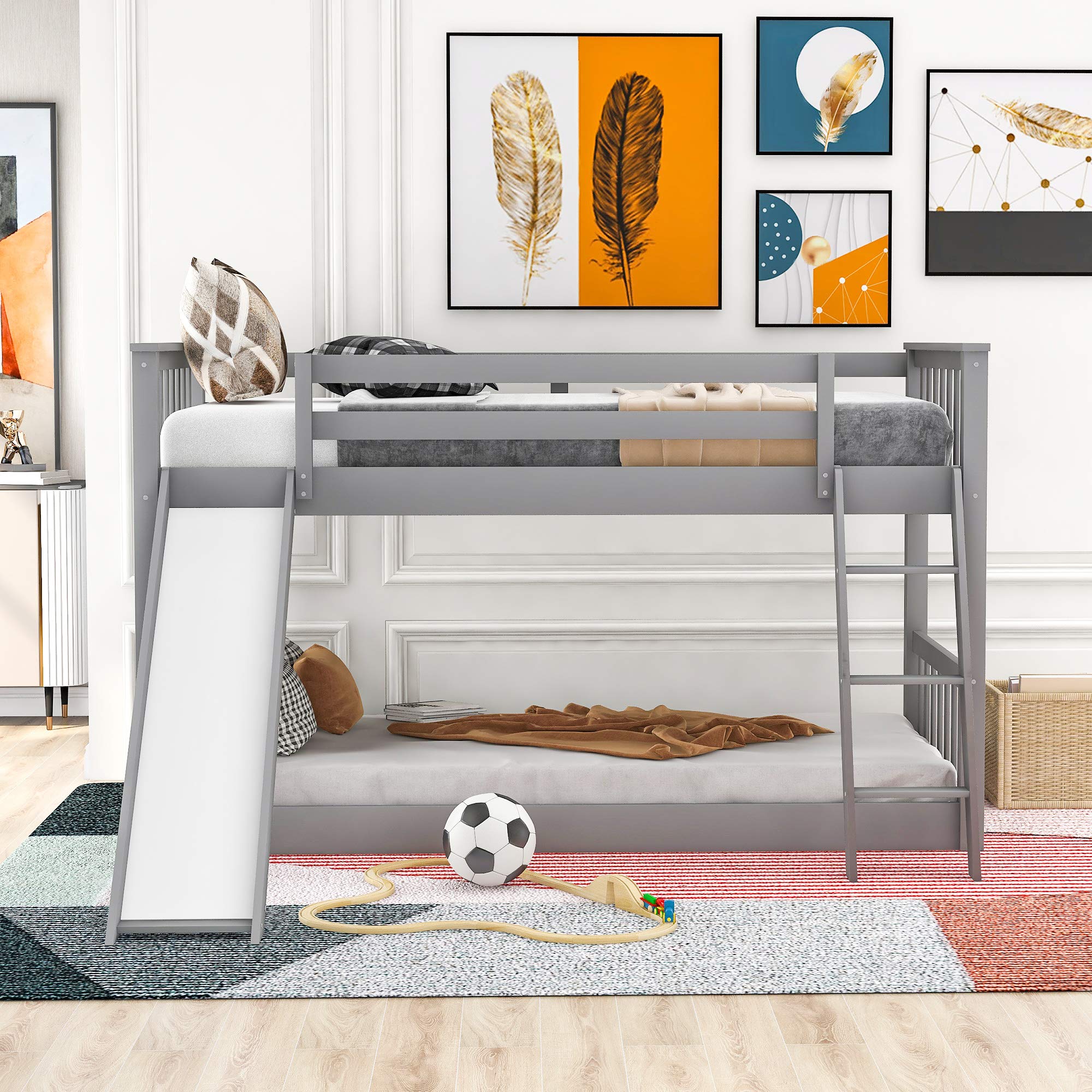 Twin Over Twin Bunk Bed with Slide & Ladder - Solid Wood Loft Bed for Kids, No Box Spring Needed (Gray) | Space-Saving Kids Bedroom Furniture for Small Rooms & Shared Sibling Spaces