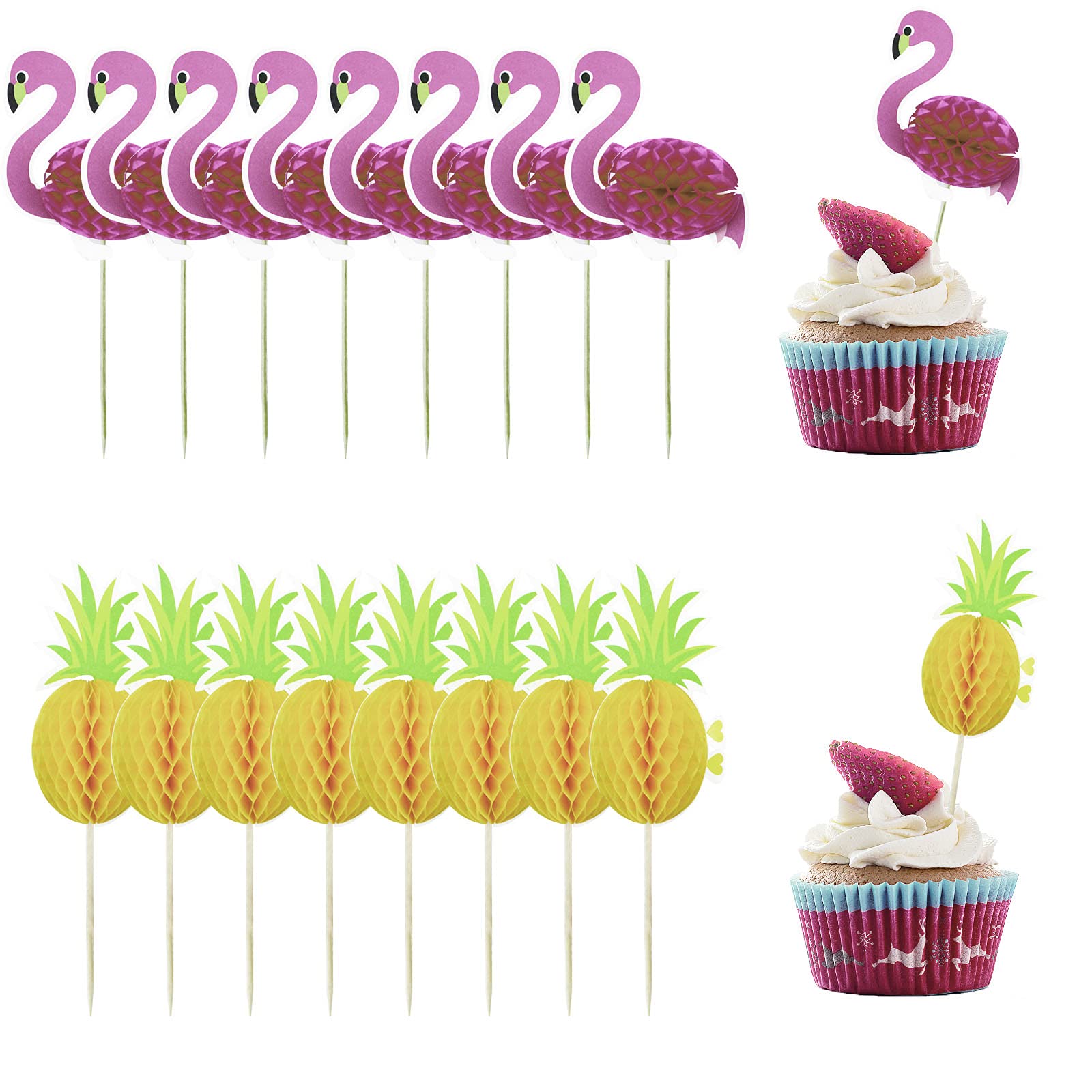 60 Pieces Tropical Cupcake Toppers - 3D Flamingo & Pineapple Decorations for Hawaiian Themed Birthday Parties, Baby Showers & Summer Beach Weddings