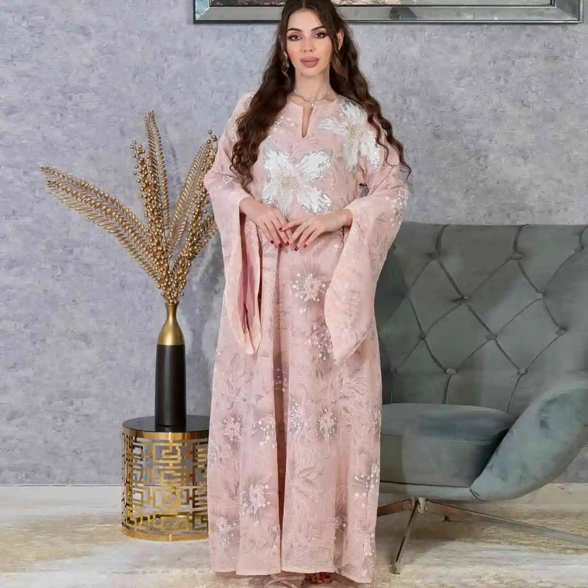 Elegant Embroidered Sequins Eid Caftan Dress for Women - Perfect for Eid Celebrations, Weddings & Special Occasions