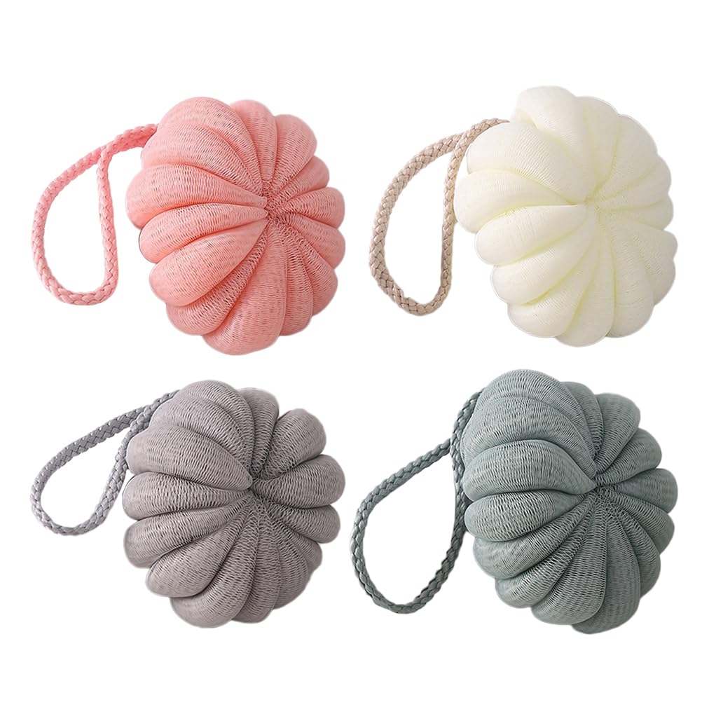Lurrose 4-Pack Bath Shower Pouf Sponges - Soft Exfoliating Loofah Wash Balls for Gentle Skin Cleansing & Body Scrub | Perfect for Spa, Daily Shower & Gift Sets