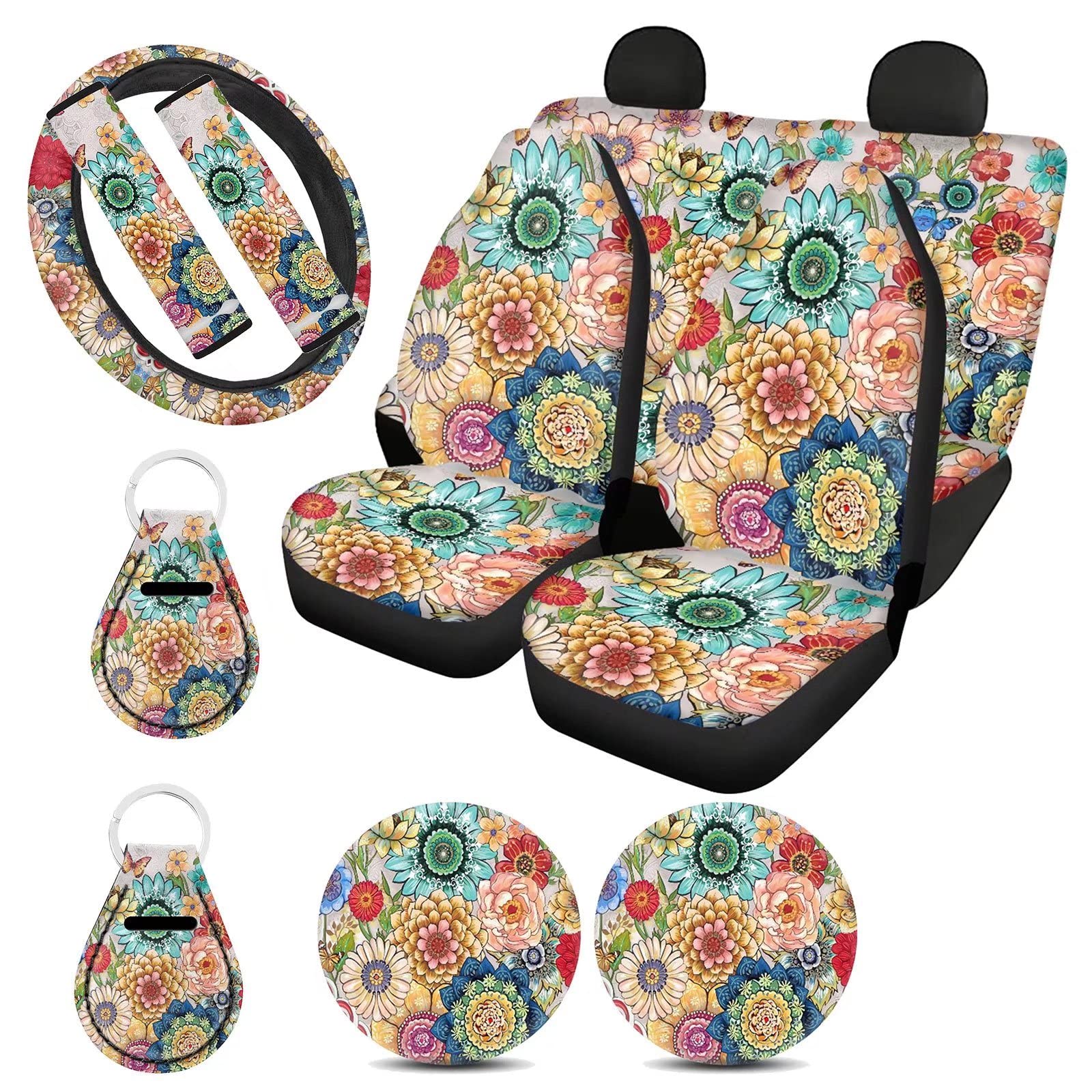 Boho Floral Car Seat Cover Set - 11pcs for Women, SUV & Truck - for Comfort & Style