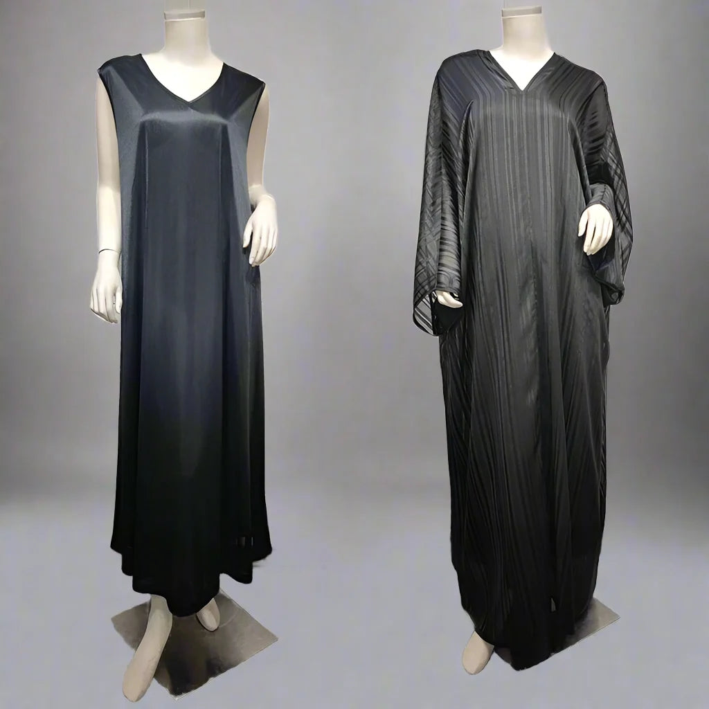2-Piece Shining Jacquard Women's Abaya Dress Set with Inner Sleeveless Dress - Elegant Islamic Modest Wear for Prayer, Eid & Special Occasions