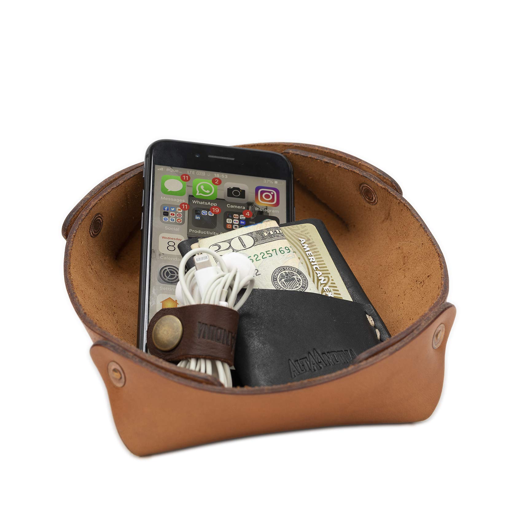 Premium Alta Andina Leather Catchall Tray - Handmade Vegetable Tanned Leather Valet Organizer for Jewelry, Watches & Keys - Nightstand & Dresser Tray for Men & Women - Perfect for Home, Office & Travel (Brown - Miel)
