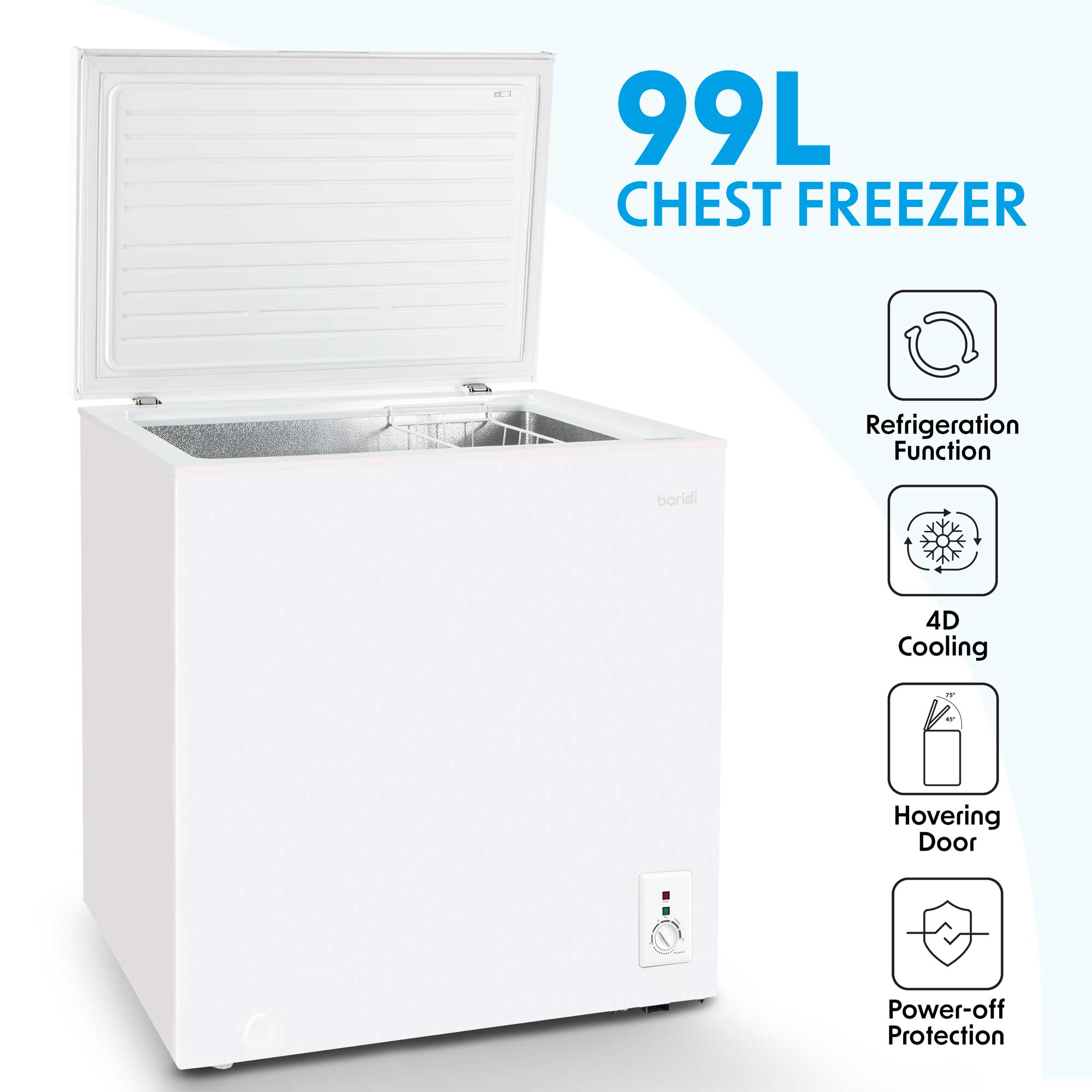 Baridi 99L Freestanding Chest Freezer - Adjustable Thermostat, White (DH116) | Perfect for Garage, Basement & Outdoor Use - Ideal for Bulk Food Storage & Meal Prep