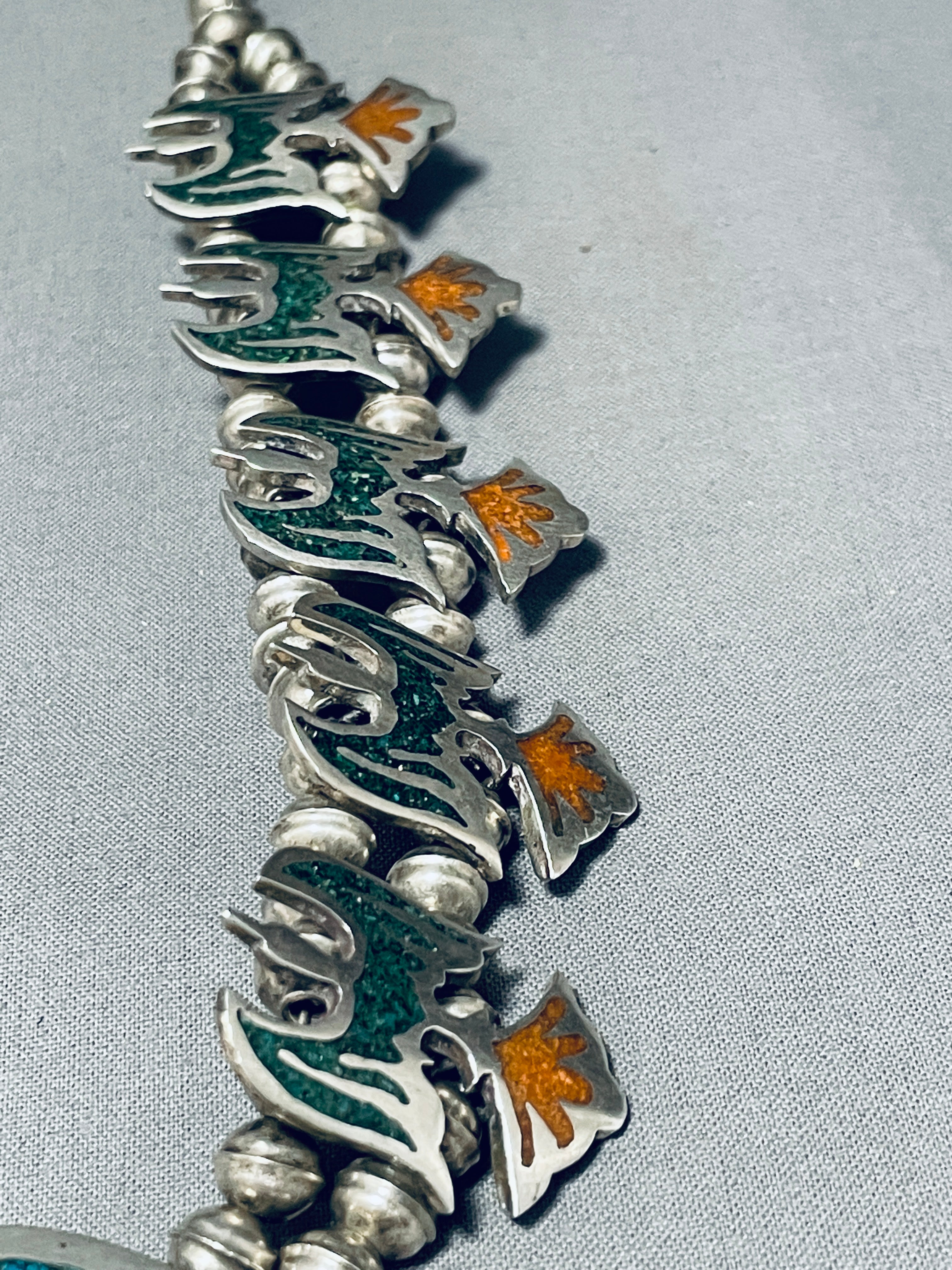 124 Gram Vintage Native American Navajo Turquoise Inlay Sterling Silver Squash Blossom Necklace - Handcrafted Southwest Jewelry for Women, Perfect for Boho Fashion, Weddings & Special Occasions