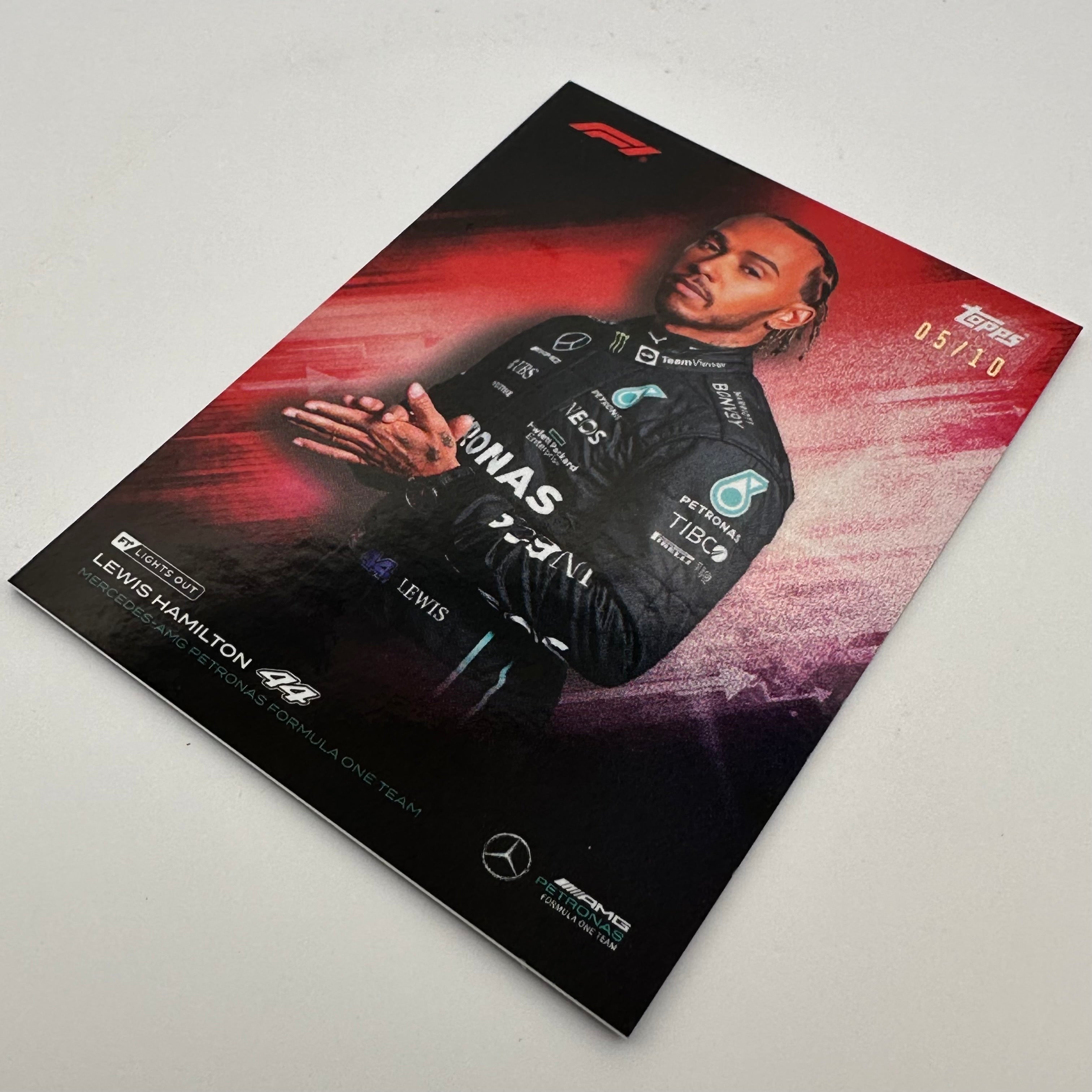 2022 Topps Lights Out Lewis Hamilton #5/10 Red - Rare F1 Racing Card for Collectors & Fans - Perfect for Display, Trading, and Memorabilia Collections