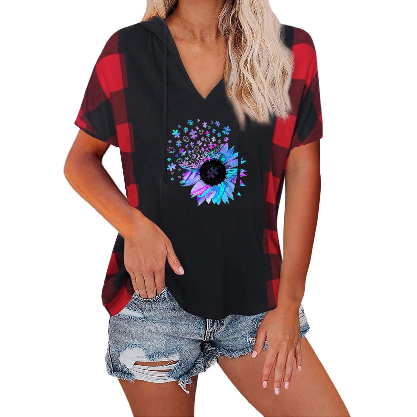 Women's Sunflower Print Short Sleeve V-Neck Blouse - Loose Fit Plaid Patchwork Hooded Top with Drawstring | Summer Casual T-Shirt for Outdoor Activities & Vacation Wear