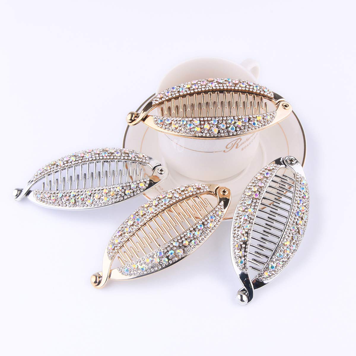 Lurrose 4pcs Rhinestone Fish-Shaped Hair Claw Clips - Gold & Silver Banana Hair Clips with Rounded Edges for Women & Girls - Perfect for Parties, Weddings, and Everyday Hairstyling