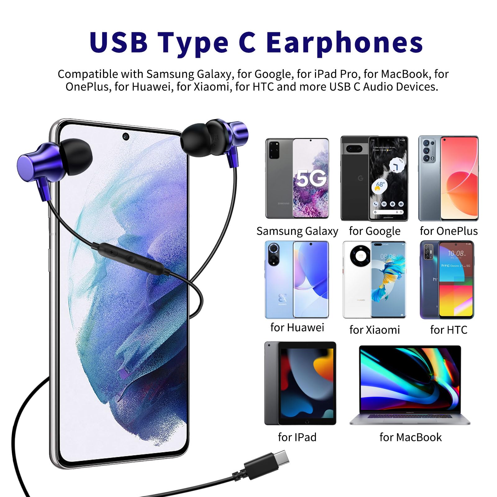 COOYA USB C Wired Earbuds with Bass Stereo & Noise Canceling - Magnetic In-Ear Earphones with Mic for iPhone 16 Pro Max/15 Plus/iPad 10/Pixel 9/8a/Samsung A16/S25/S24 Ultra/S23 A35/OnePlus 13/12 - Perfect for Commuting, Workouts & Gaming