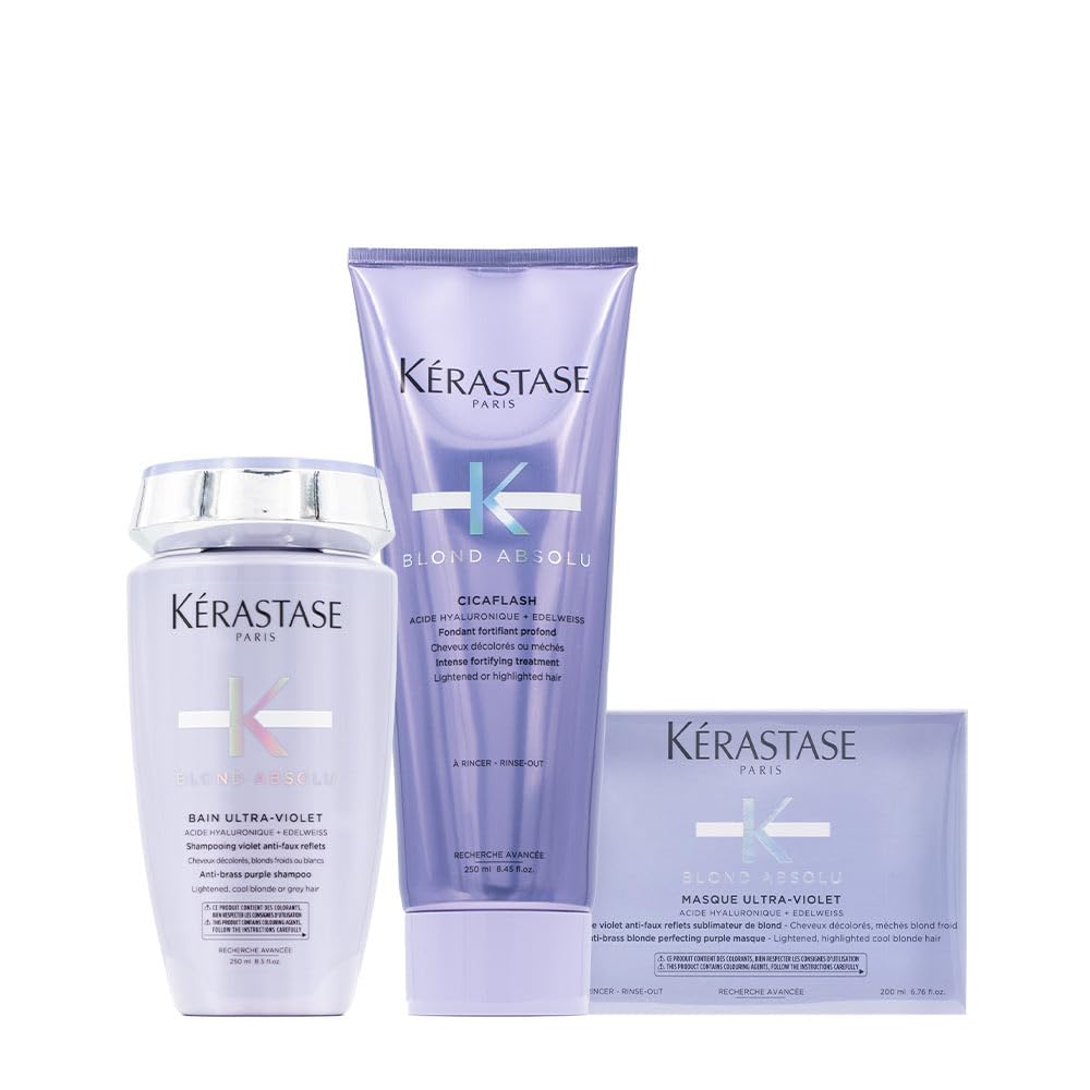 Kérastase Blond Absolu Bain Ultra-Violet Purple Shampoo 250ml, Cicaflash Conditioner 250ml & Ultra-Violet Hair Mask - Blonde & Highlighted Hair Care Set for Color Correction & Brightening | Salon-Quality Treatment for Brassiness & Yellow Tones | Perfect for Daily Use & Special Occasions
