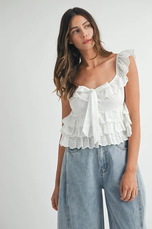 Lace Eyelet Embroidered Front Tie Ruffle Summer Top - Women's Floral Blouse for Beach, Vacation & Casual Outings