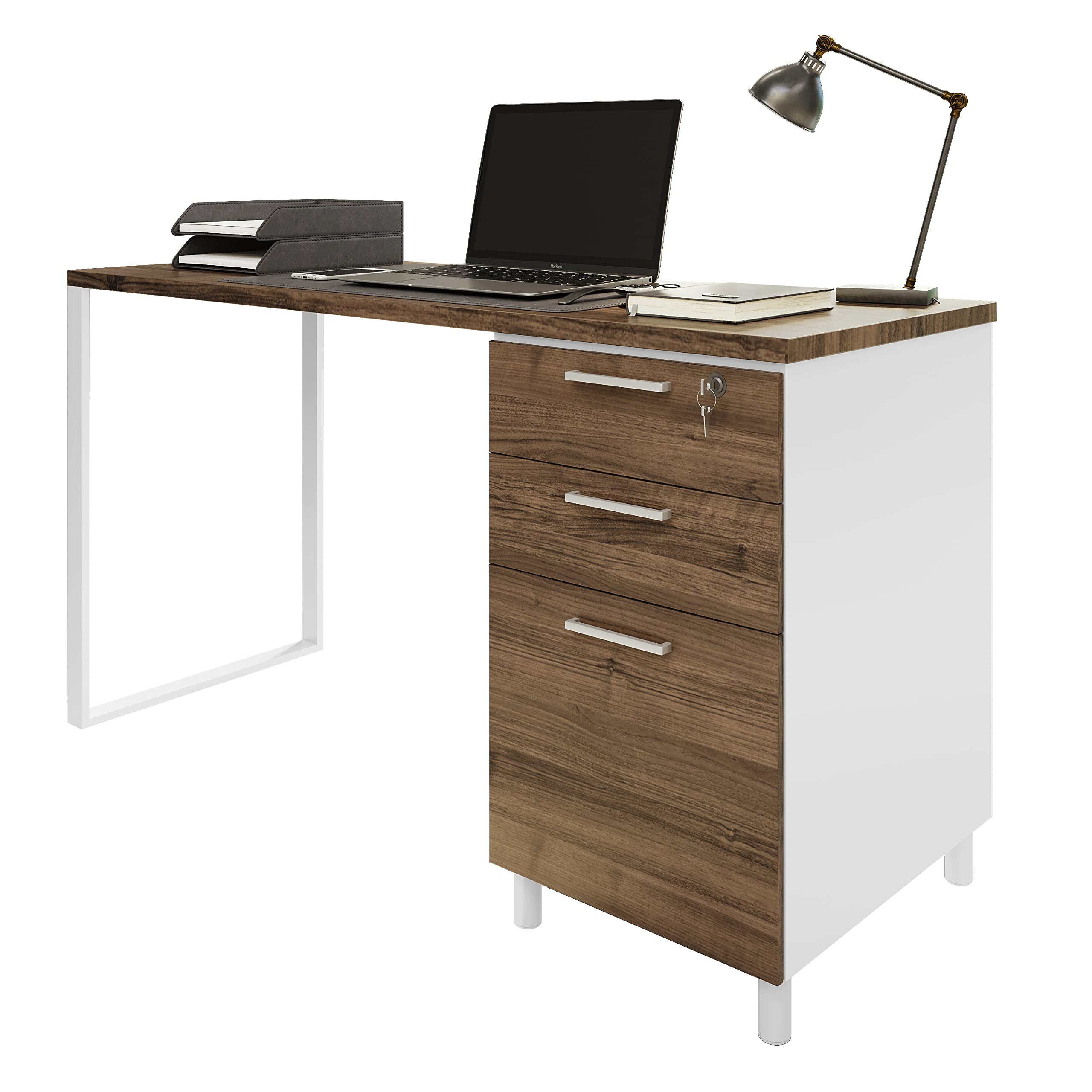 Modern Milano Office Desk with 3 Locking Drawers - 48 Inch White & Walnut Computer Desk with Filing Storage - Home Office Furniture for Small Spaces & Remote Work