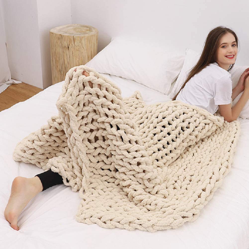 Chunky Knit Blanket - Soft Cozy Giant Chenille Handwoven Throw for Sofa & Bed - Machine Washable Beige Blanket 40