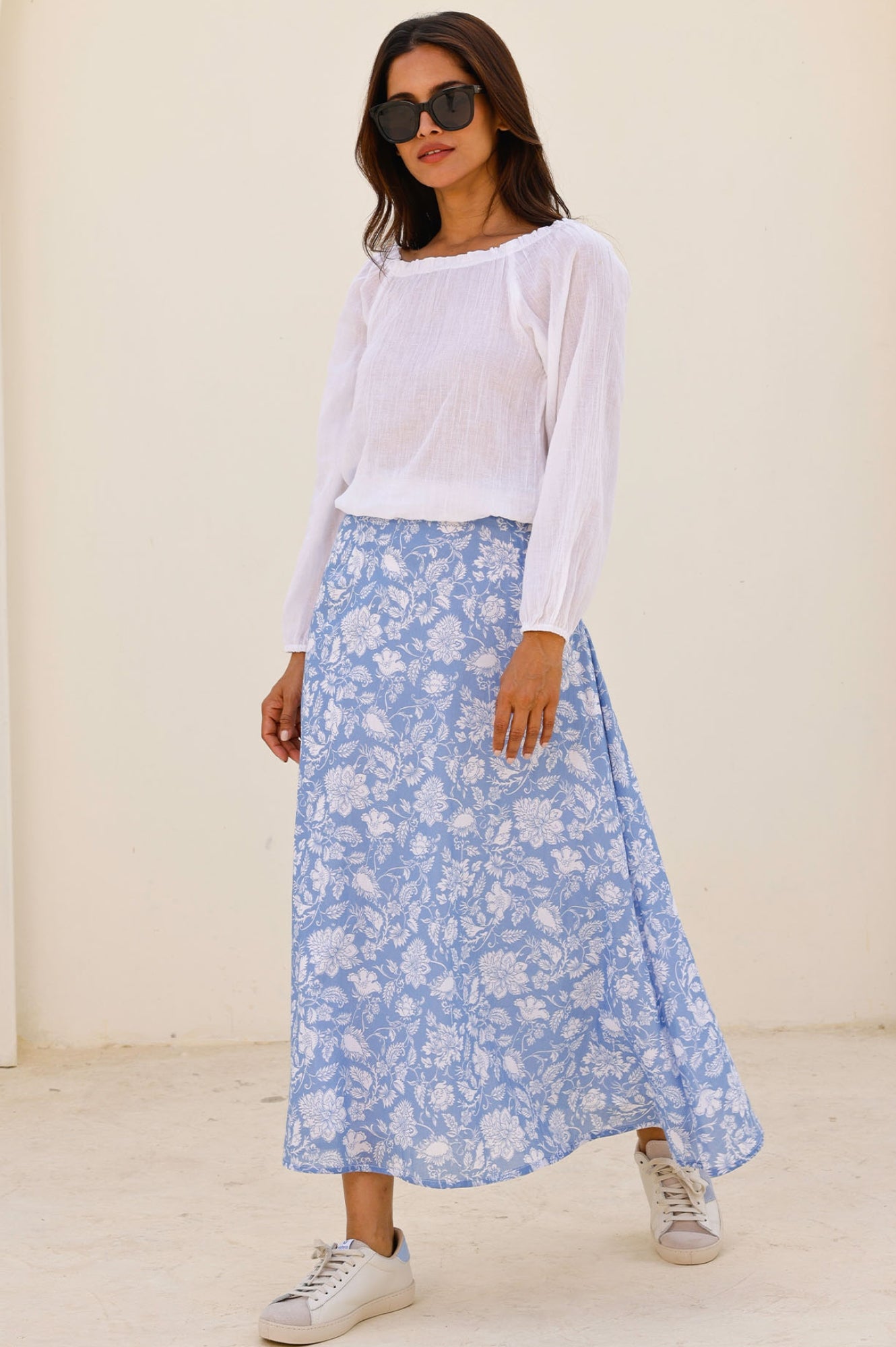 Neve Skirt - Floral Print Blue and White Midi Skirt for Women | Perfect for Spring, Summer, Beach Vacations & Casual Outings