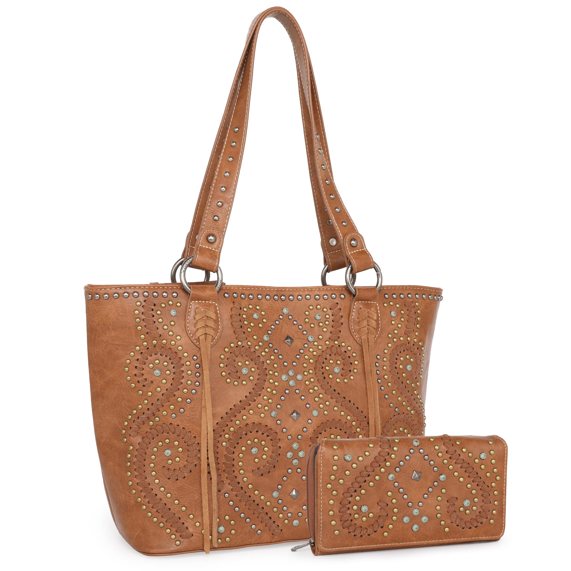 Montana West Whipstitch Western Purse for Women - Concealed Carry Tote with Studded Design & Matching Wallet | Stylish Cowgirl Handbag for Everyday Use, Rodeo Events & Country Outings