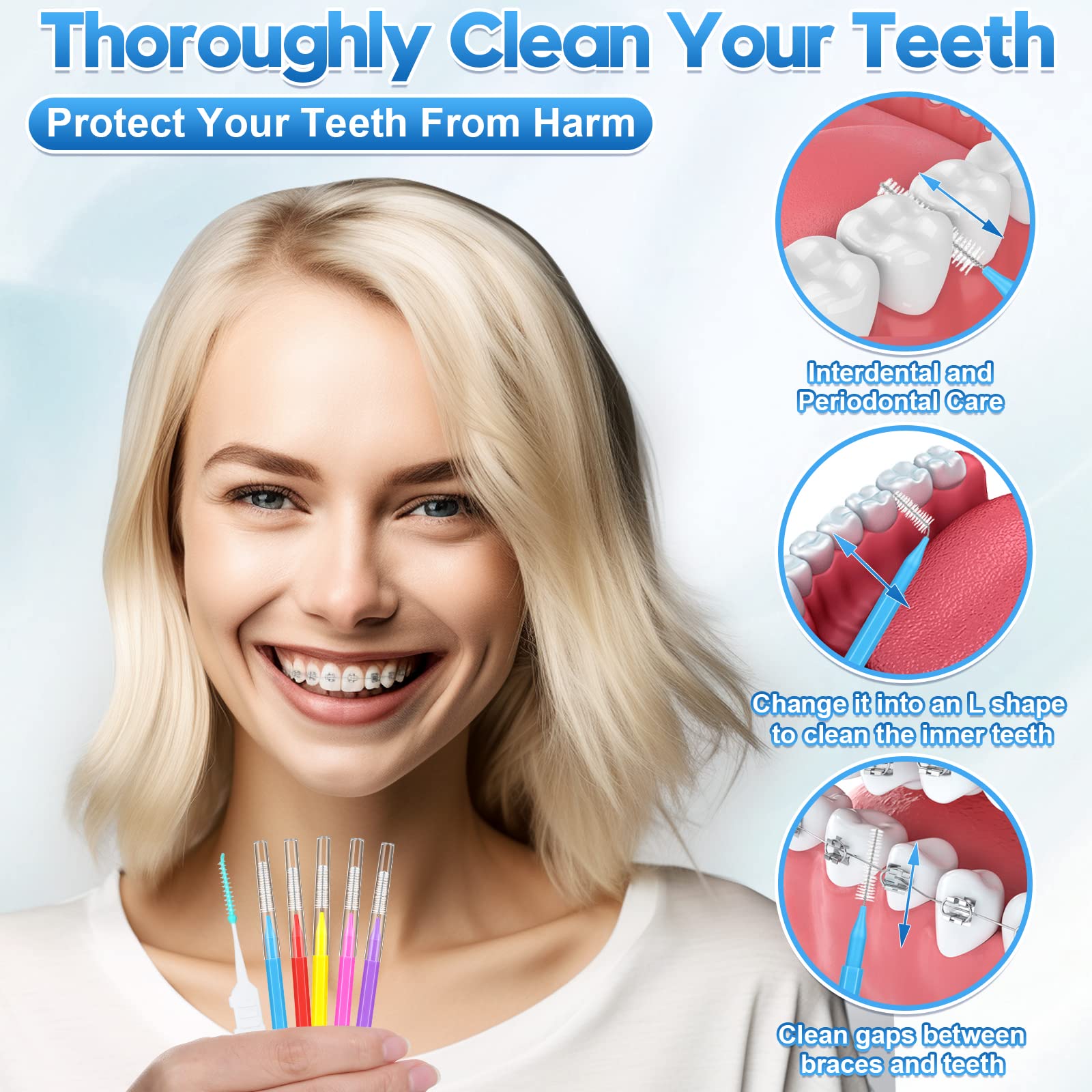 300 Pcs Interdental Brushes for Braces - 6 Sizes Soft & Bendable Dental Cleaning Brushes | Gentle Teeth Gum Care, Flossing Tool for Braces & Oral Hygiene | Perfect for Travel, Home & Office Use
