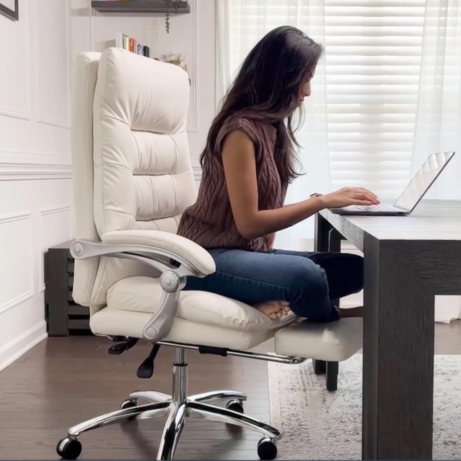 Ergonomic Office Chair with Footrest - High Back Executive Desk Chair with Padded Adjustable Armrests, Reclining Swivel Chair with Wheels & Double Thick Cushion for Comfort (Cream White) - Perfect for Home Office, Gaming, and Workspaces
