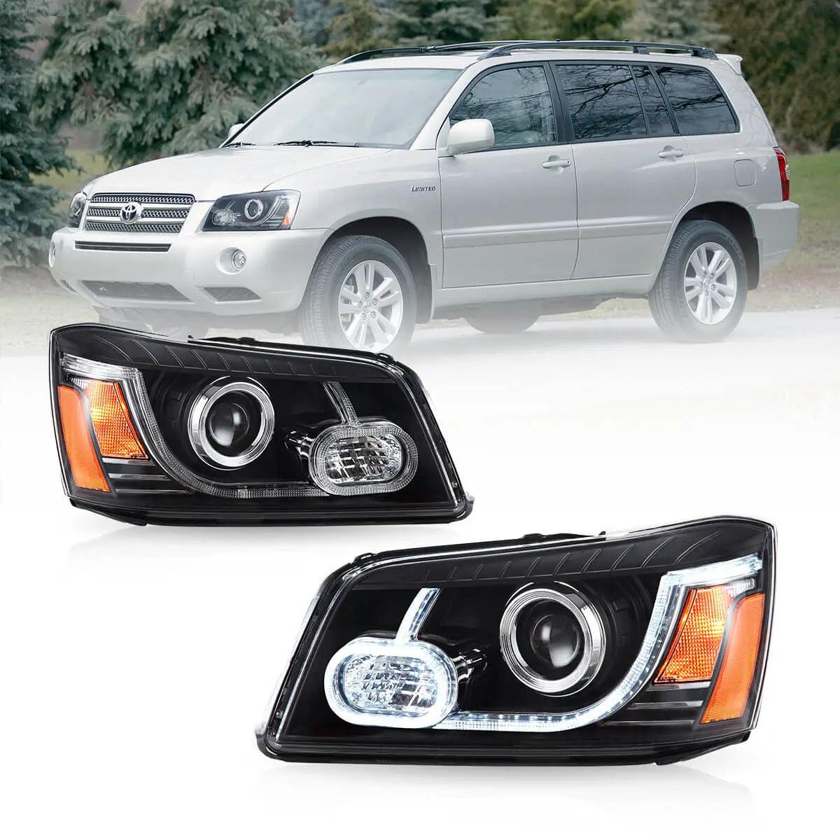 2004-2007 Toyota Highlander LED Headlight Assembly - Dual Beam Projector Black Housing - Compatible with 1st Gen XU20 Facelift Models - Upgrade Your Night Driving Safety & Style