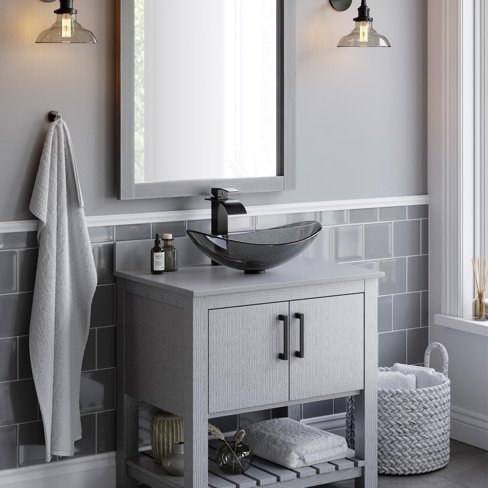 Novatto BIGIO Modern Matte Black Glass Vessel Bathroom Sink Set - Above Counter Bathroom Vanity Sink for Contemporary Home Decor, Spa & Luxury Bathroom Renovation