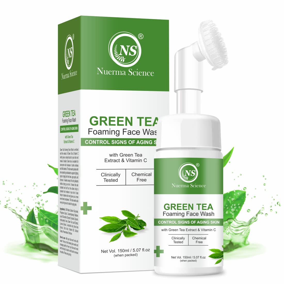 Nuerma Science Green Tea Foaming Face Wash with Vitamin C & Mulethi Extract - Anti-Aging, Hydrating & Brightening Facial Cleanser for Glowing Skin (150ml) | Perfect for Daily Skincare Routine & Removing Impurities