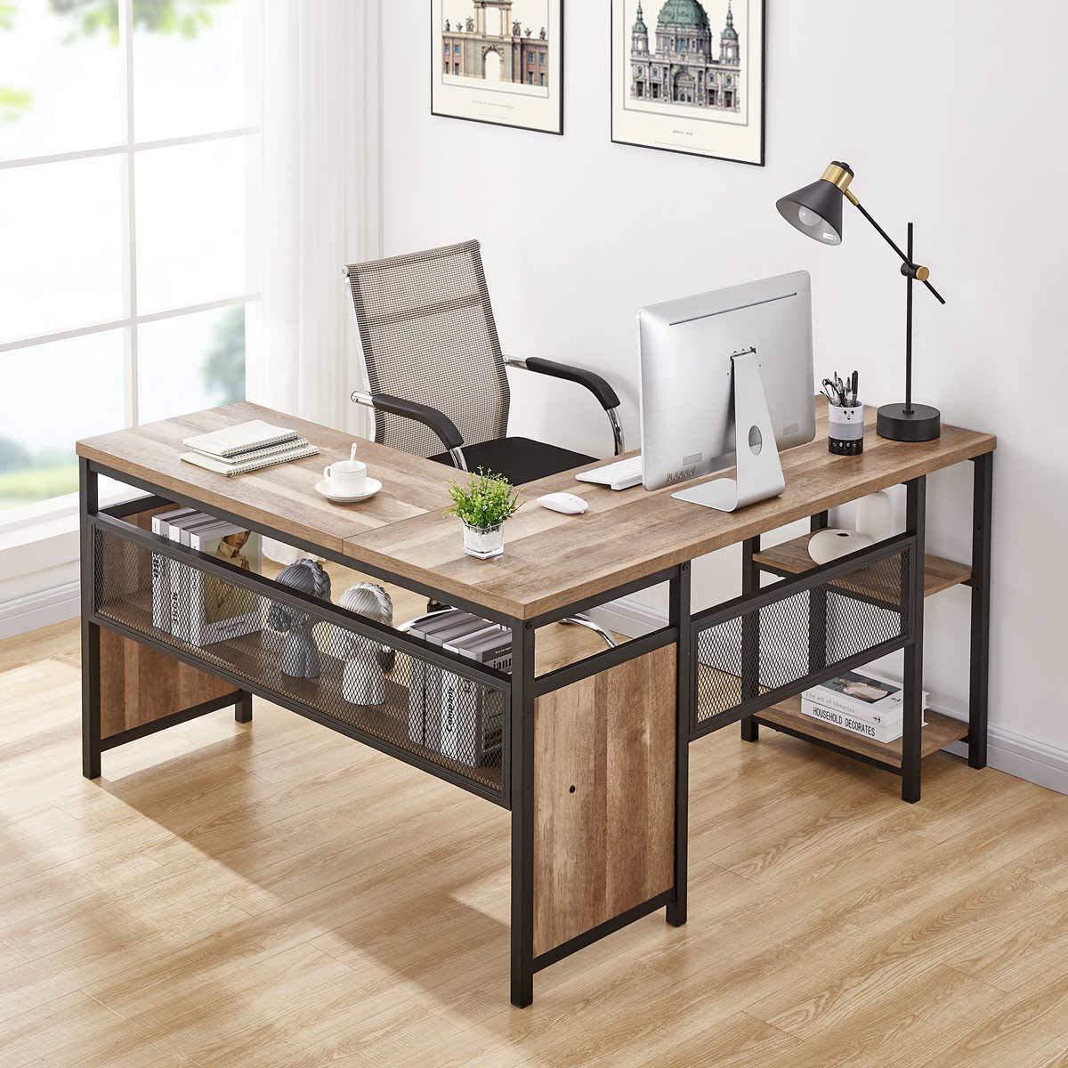 FATORRI 59 Inch L-Shaped Computer Desk with Wood Shelves - Industrial Rustic Home Office Corner Desk with Sturdy Metal Legs (Rustic Oak) - Perfect for Small Spaces, Gaming Setup & Remote Workstations