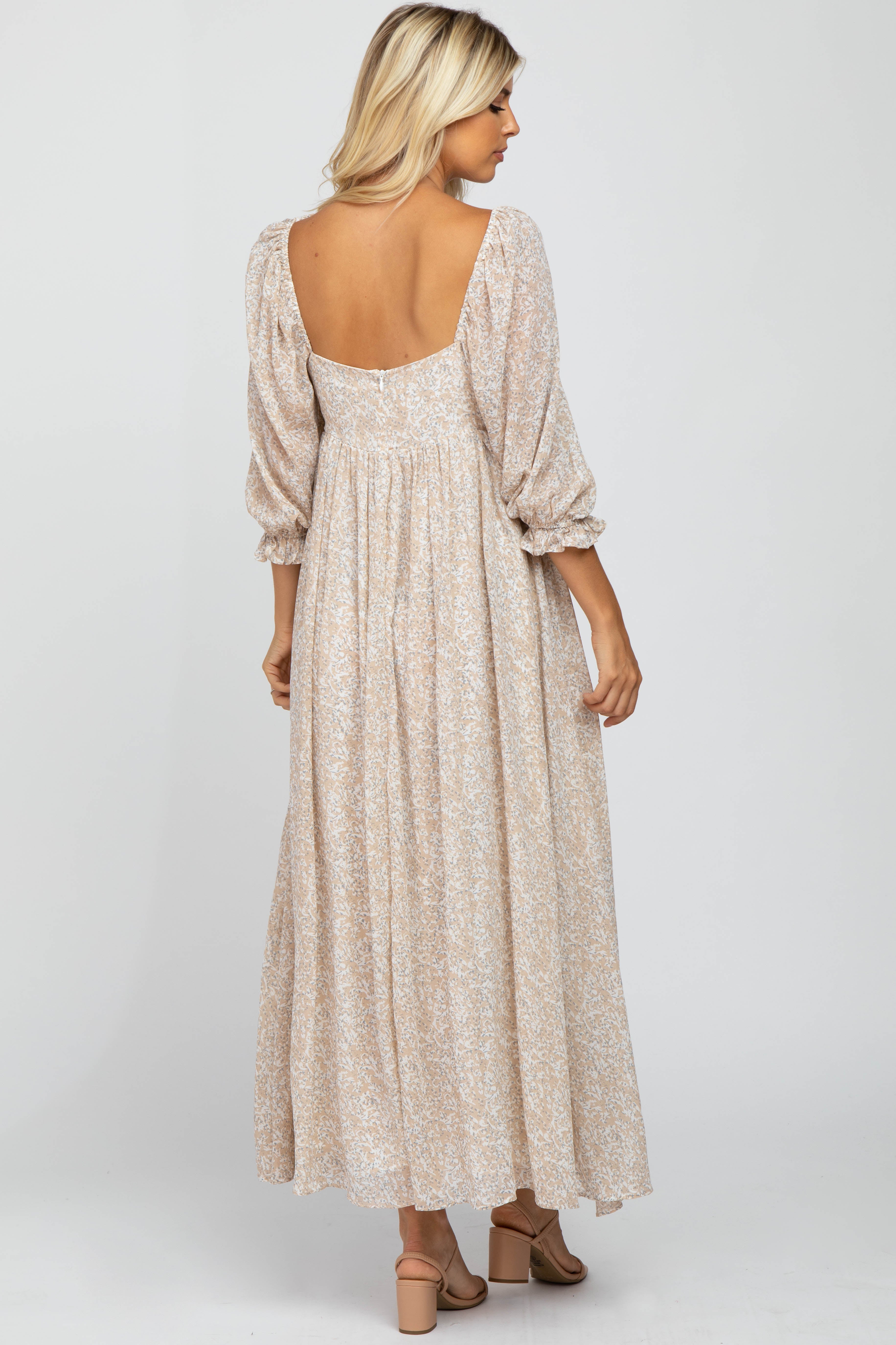 Elegant Beige Chiffon Printed Square Neck Empire Waist Maxi Dress for Women - Perfect for Summer Weddings, Beach Vacations & Special Occasions