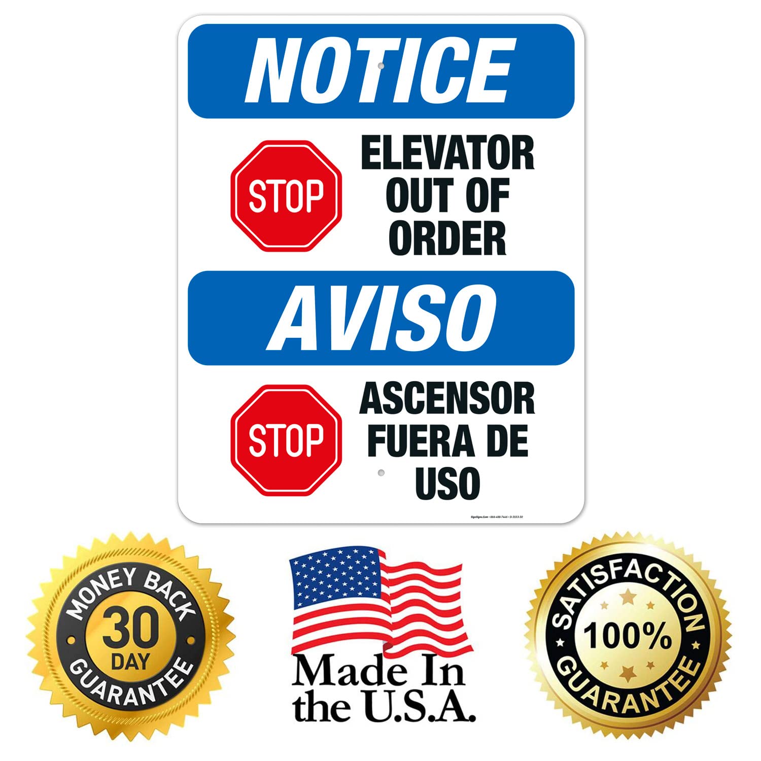 Out of Order Elevator Bilingual Sign (English/Spanish) - OSHA Compliant 24x30 Inches - Rust-Free .063 Aluminum for Indoor & Outdoor Use - Fade Resistant - Made in USA - Perfect for Buildings, Offices & Public Spaces
