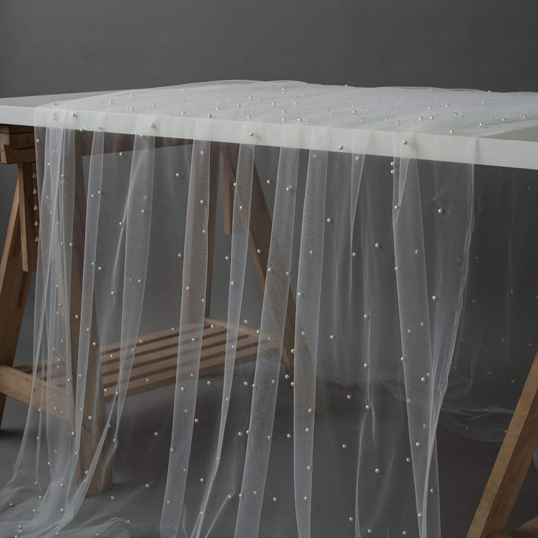 Vctops White Voile Tablecloth with Artificial Pearls - 39x59 Inch Elegant Table Cover & Runner for Romantic Bridal Showers, Weddings, and Photography Props