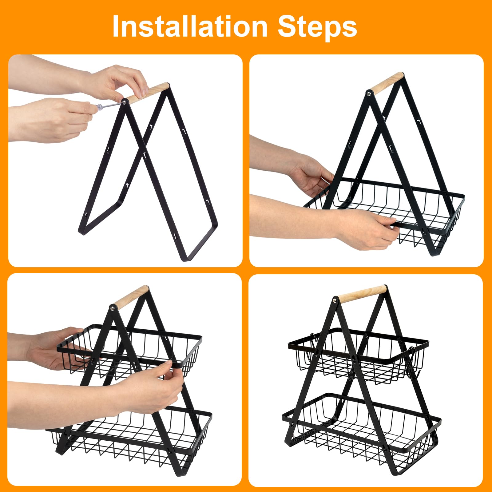 2 Tier Wooden Fruit Basket with Banana Hanger & Detachable Metal Holder - Kitchen Storage Organizer for Fruits, Vegetables, Bread & Snacks - Perfect for Countertop, Pantry & Dining Table Organization