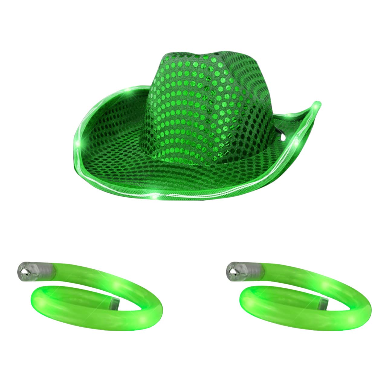 Blinking Green Sequin Cowboy Hat & Flashing LED Tube Bracelet - 3 in 1 Party Light Up Accessories Bundle for Halloween, Rave, Concerts & Festivals