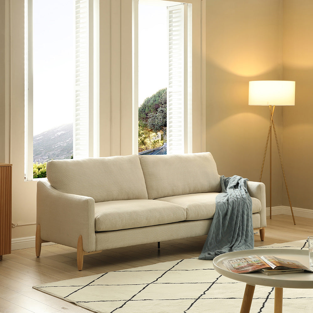 VIENNA 3 Seater Sofa - Modern Beige Fabric Couch with Oak Wood Legs | Comfortable Living Room Furniture for Small Spaces & Apartments