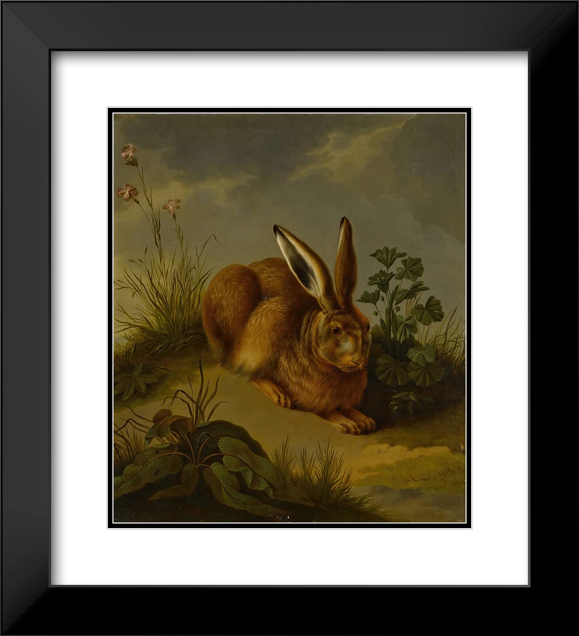 German School 20x23 Black Modern Frame with Double Matted Museum Art Print - A Hare Among Plants and Grasses (Circa 1800) - Perfect for Living Room, Office or Gallery Wall Decor