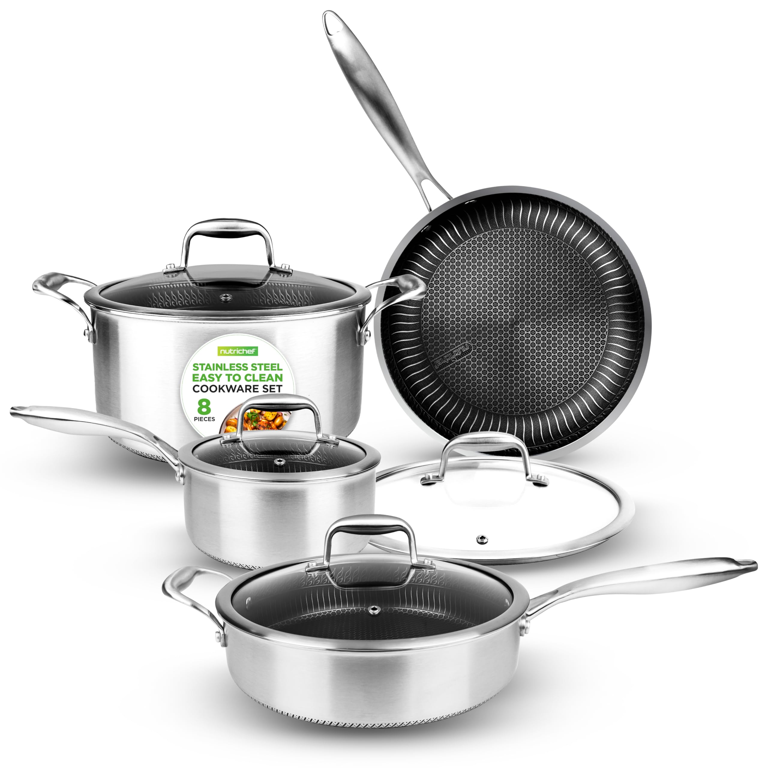 NutriChef 8-Piece Tri-Ply Stainless Steel Cookware Set - Non-Stick Kitchen Pots & Pans with Lids - Includes Sauce Pot, Stew Pot, Frying Pan - Professional Grade Cookware for Home Chefs - Perfect for Boiling, Sautéing, Frying & Everyday Cooking