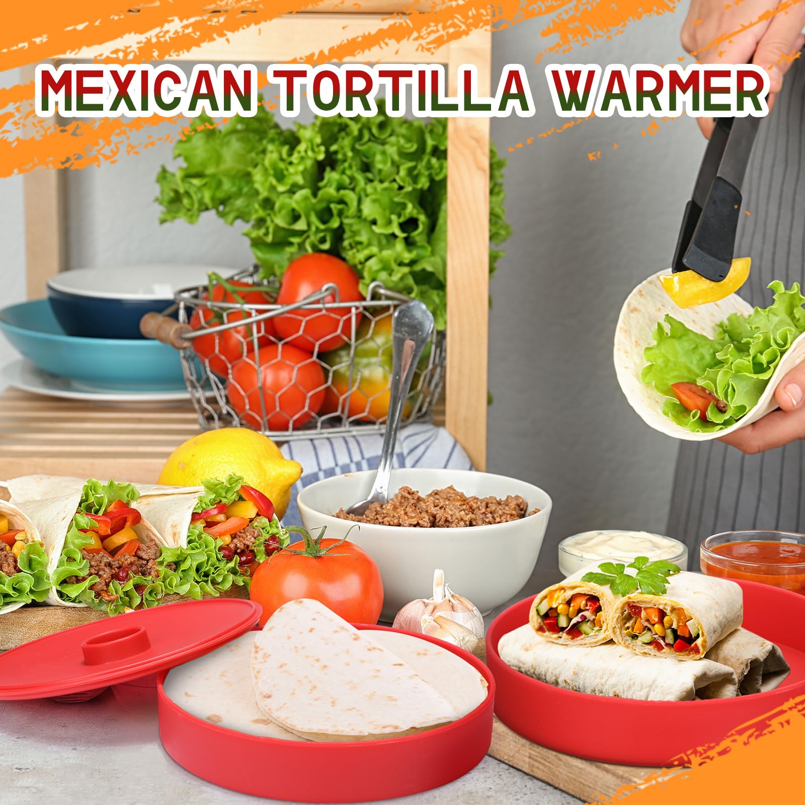 Nuogo 4-Pack 7.2 Inch Tortilla Warmers - Red Microwave & Dishwasher Safe Tortilla Storage Containers with Lids - Large Taco & Pancake Warmer for Keeping Food Warm - Perfect for Taco Nights, Breakfast Buffets & Meal Prep