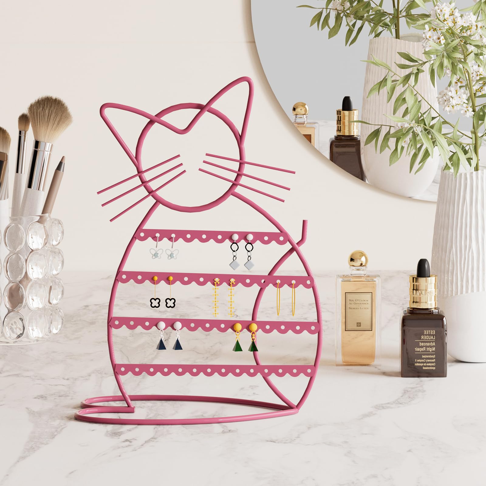 Stylish Pink Metal Cat-Shaped Jewelry Organizer Stand - 48 Stud Earring Holder & Display Vanity Tray for Women - Perfect for Bedroom Dresser, Bathroom Counter & Gift Giving