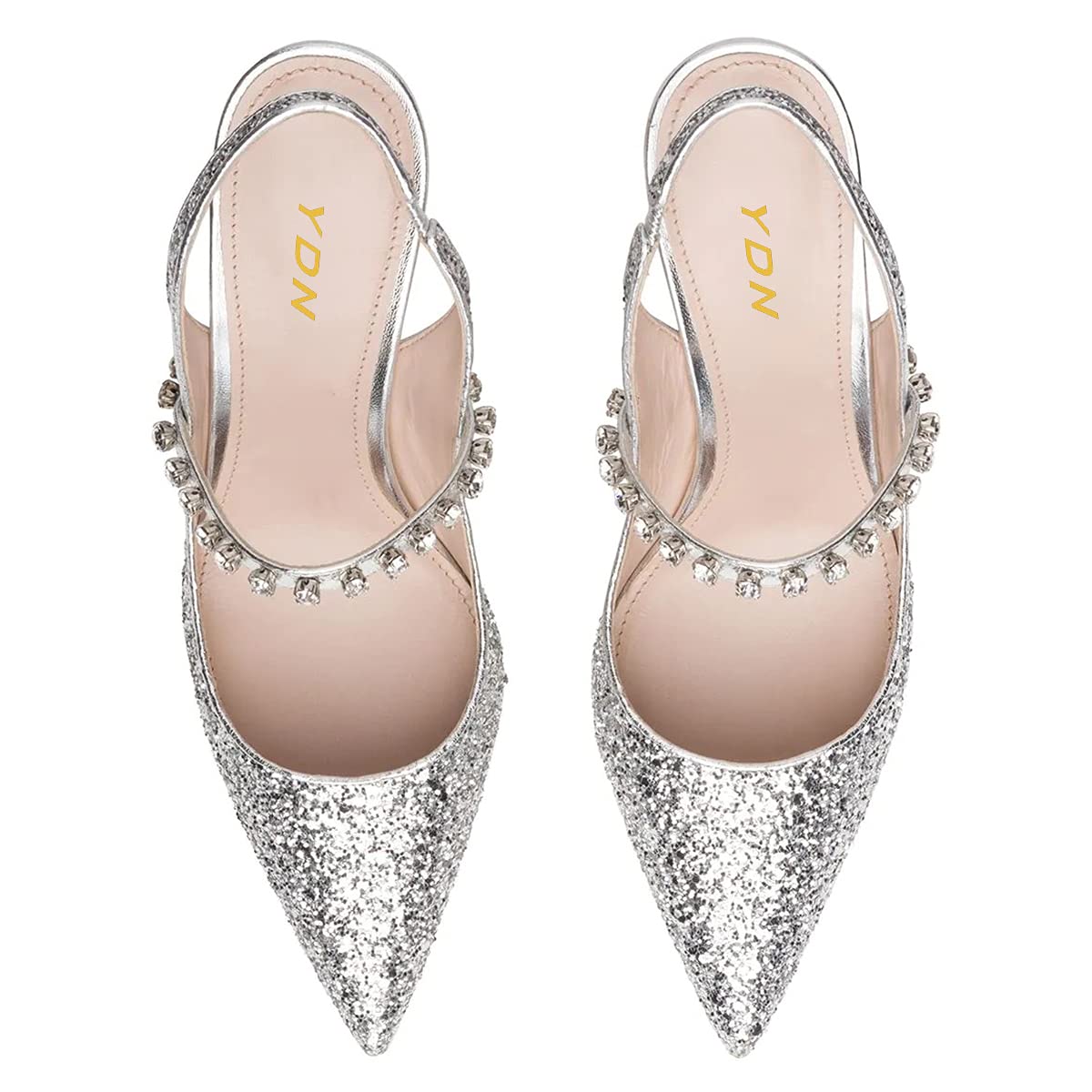 YDN Women's Trendy Metallic Spiral Heel Slip-On Sandals - Rhinestone Strap Pointed Toe Dress Pumps for Party, Wedding & Evening Events (US 4-15)