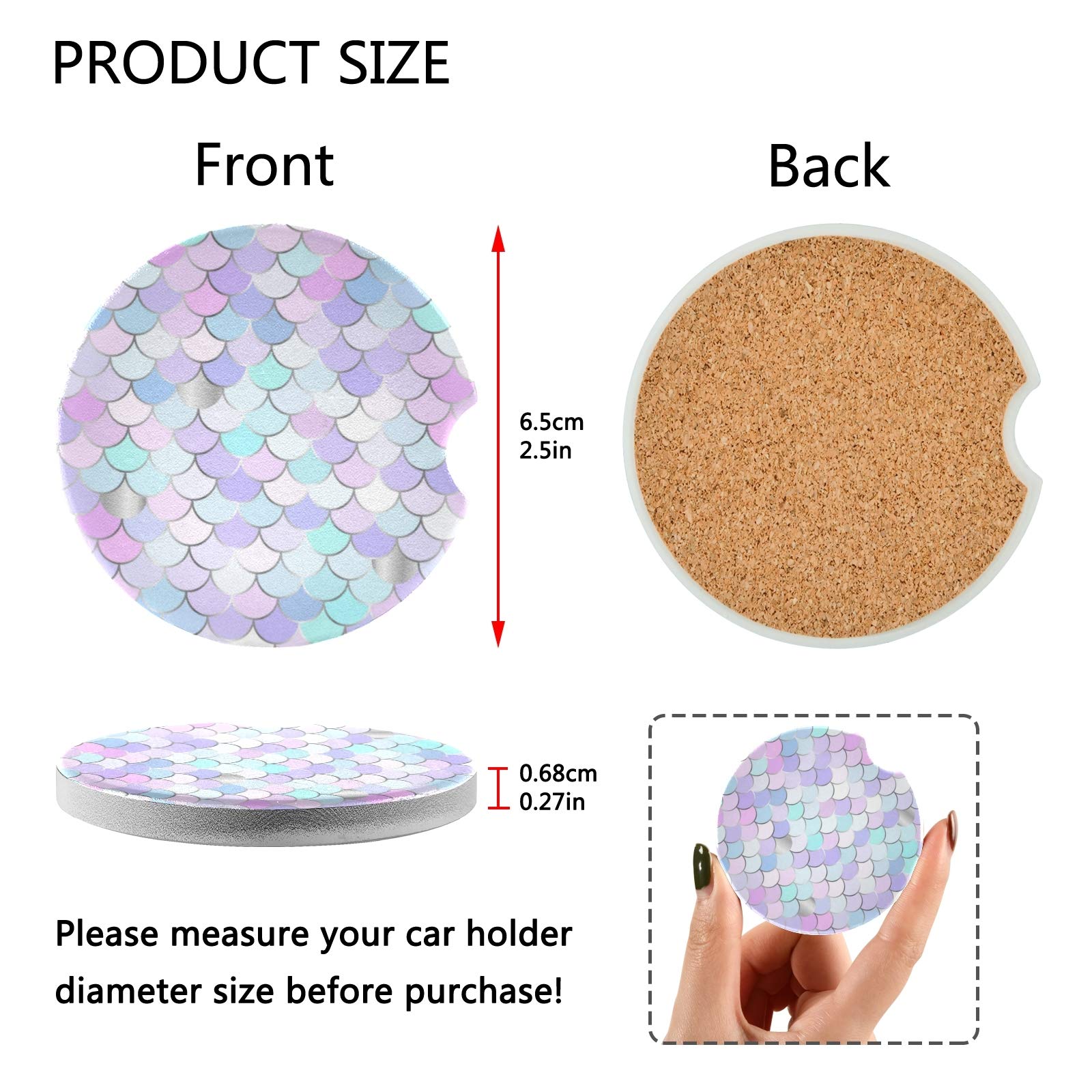 Qilmy Mermaid Car Cup Holder Coasters Set of 2 - Absorbent Ceramic Stone Coasters with Finger Notch for Easy Removal - Perfect for Car, Office, and Home Use to Prevent Spills and Stains