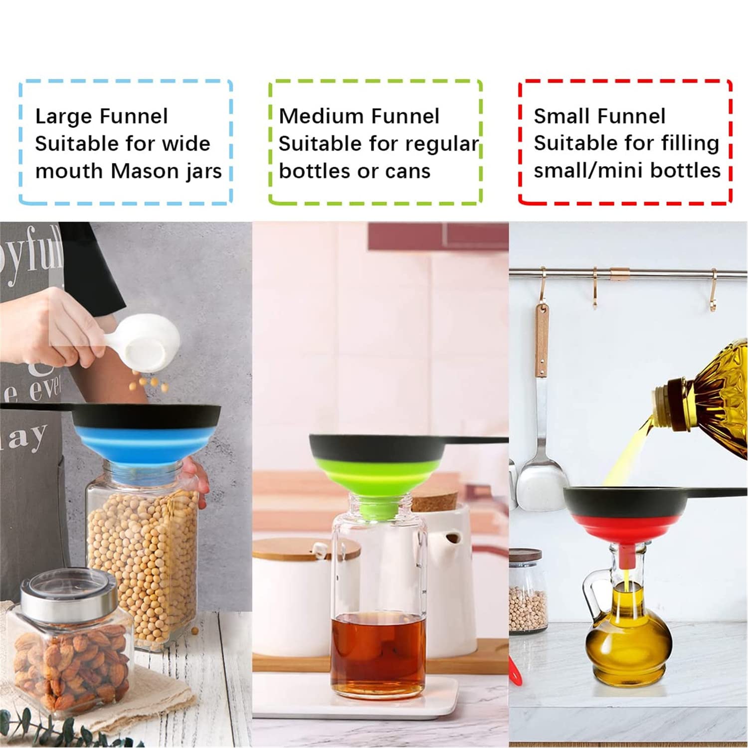 Food-Grade Silicone Foldable Kitchen Funnel 3-Piece Set - Large Wide Mouth Funnel for Mason Jars, Small Funnels for Bottles | Durable, Leak-Proof Canning Funnel for Jams, Spices, Liquids & Dry Ingredients | Perfect for Home Canning, Baking, Cooking & Meal Prep