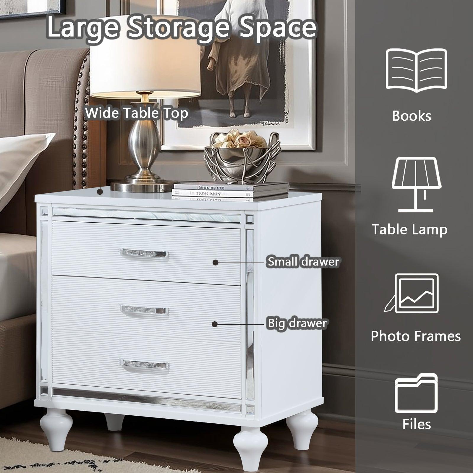 Modern White Nightstand with Mirror Frame & Crystal Pulls - 2 Drawers + Hidden Storage, Bedside Table for Bedroom, Living Room - Perfect for Small Spaces & Apartment Decor