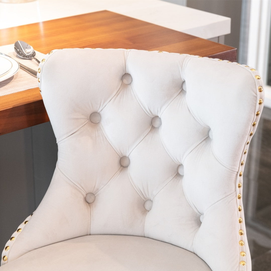 Adjustable Height Swivel Bar Stools with Footrest - Velvet Upholstered Barstool with Studded Detail & Golden Metal Base (Beige) - Perfect for Kitchen Islands, Home Bars & Breakfast Nooks