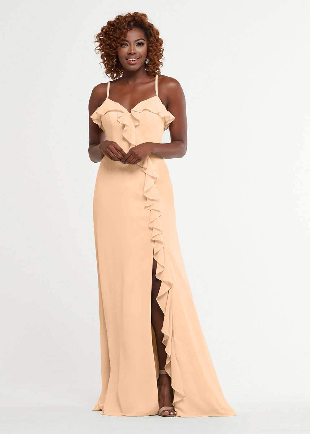 Elegant 80174 Chiffon A-Line Bridesmaid Dress with Ruffles & High Slit - Perfect for Weddings, Formal Events & Special Occasions