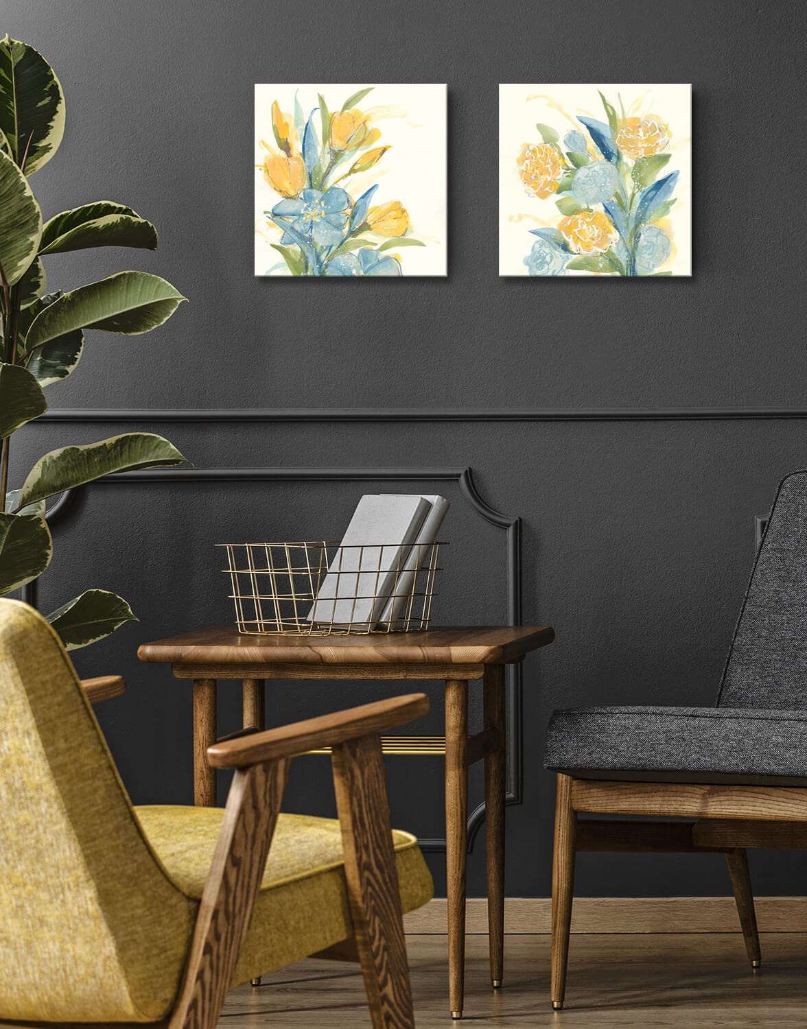 Light Blue and Yellow Floral Wall Art - Modern Aqua Yellow Flower Painting Print for Bathroom, Kitchen, Bedroom Decor - Set of 2 (12x12 Inches) - Perfect for Home, Office & Gift Giving