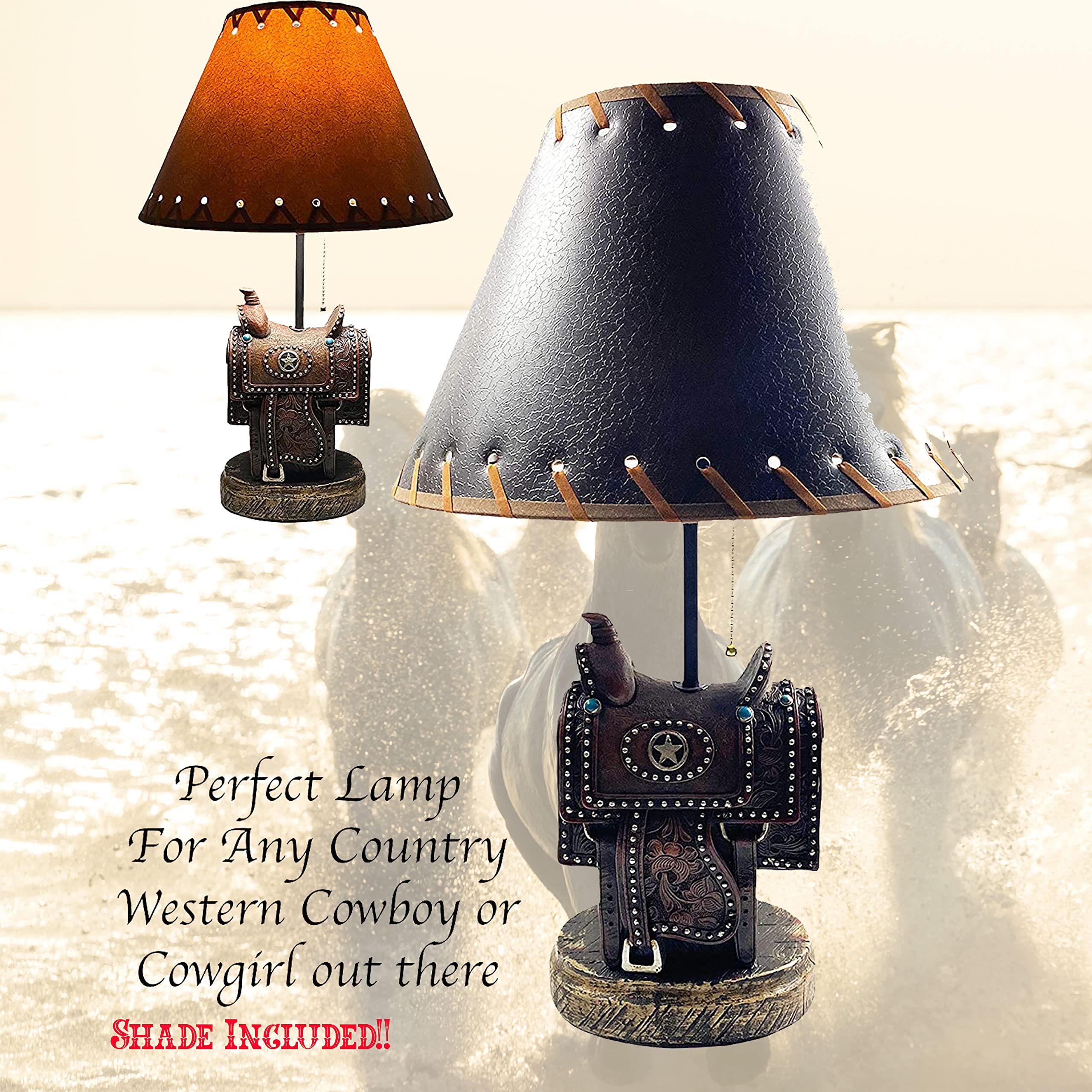 Western Cowboy Saddle Silver Star End Table Lamp - Nightstand & Living Room Accent Light for Bedroom, Office, or Western-Themed Decor - Perfect for Ranch Style Homes, Cowboy Bars, and Country Interior Design