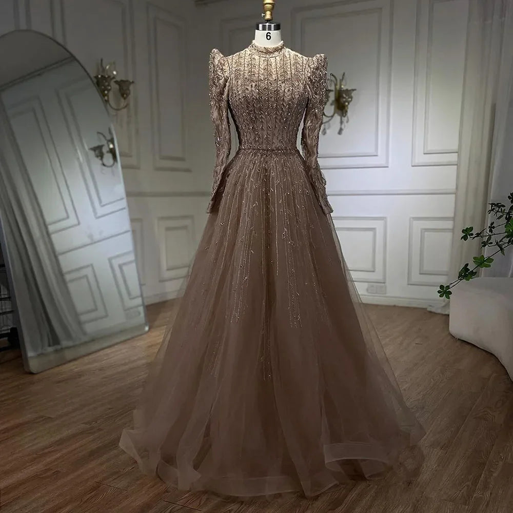 Luxury Sage Green Beaded Evening Gown - Arabic Designer Dubai A-Line Dress for Women | Wedding, Party & Formal Events 2025 | Elegant Prom, Gala & Special Occasion Wear