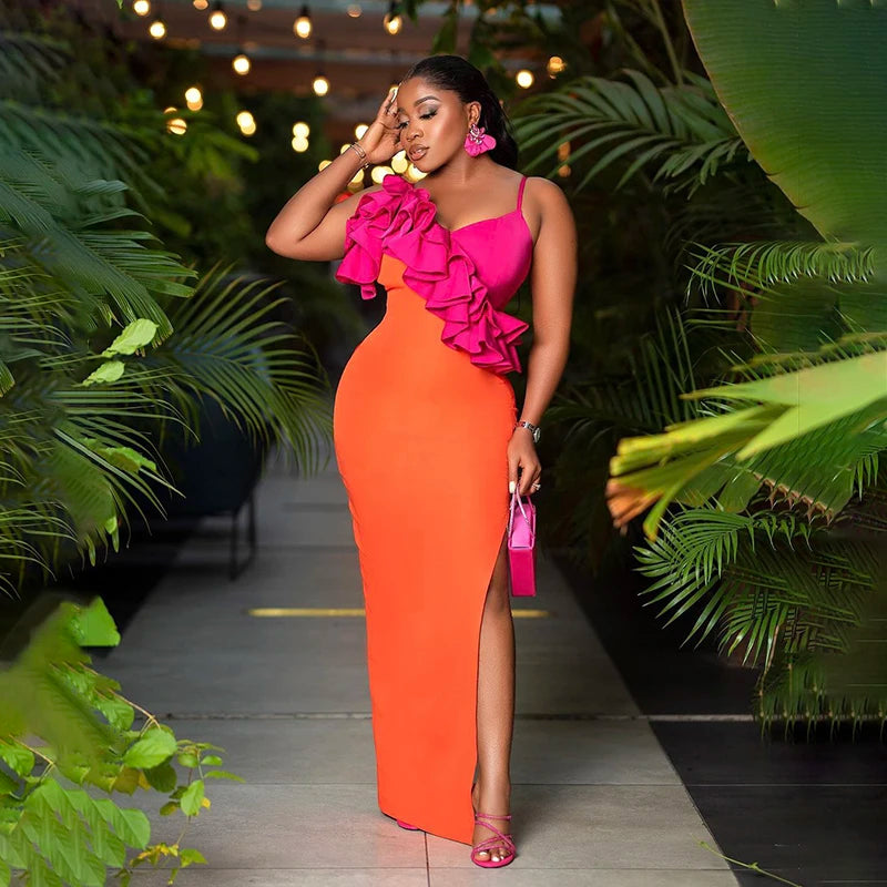 2023 New Fashion Orange Women's Sleeveless Sexy V-Neck Ruffles Bodycon Midi Bandage Dress for Birthday Party, Club Night, Cocktail Event & Special Occasions