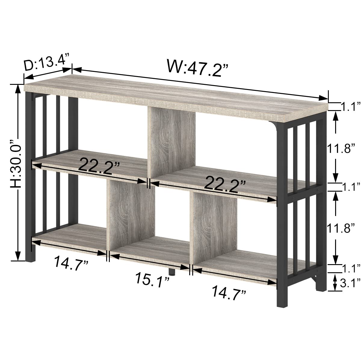 IBF Industrial 5-Cube Horizontal Bookshelf - Modern Wooden & Metal Storage Organizer for Home Office, Living Room & Bedroom - Light Grey Oak Open Shelf (47 Inch) - Perfect for Books, Decor & Small Space Organization